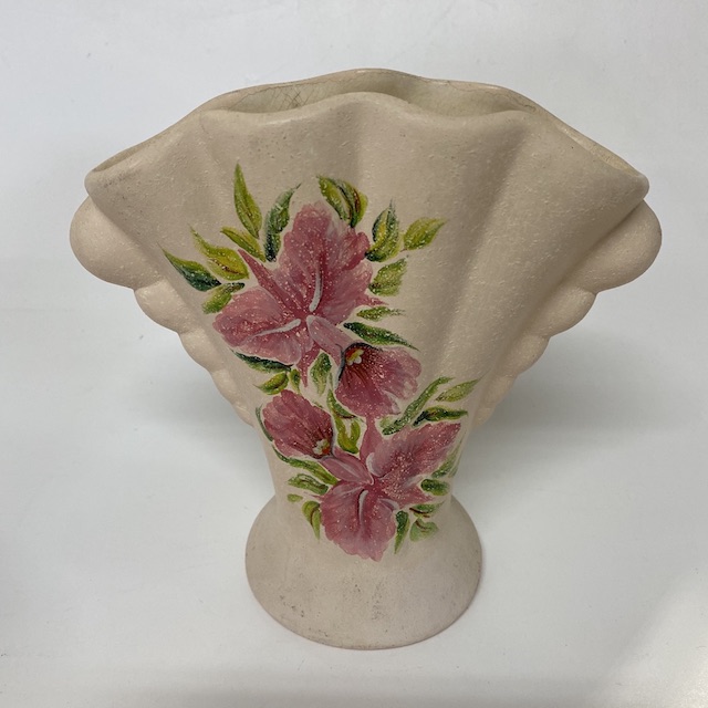 VASE, Art Deco - Australian Pottery Pink w Painted Flowers